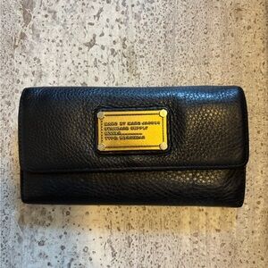 Marc by Marc Jacobs Black Leather Continental Wallet with Yellow Plaque